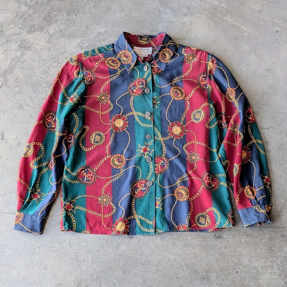 Vintage Talbots Petites Red Blue Green Silk Button Up Blouse size 6